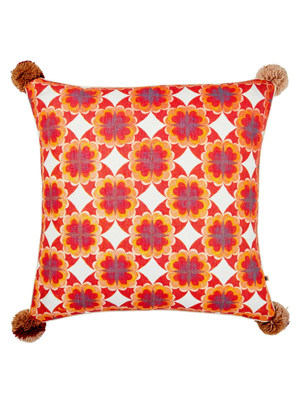 Geometric orange and red design hand screen printed on white linen, trimmed with piping and a single pompom on each corner. Filled with a plus feather inner, 60cm square.