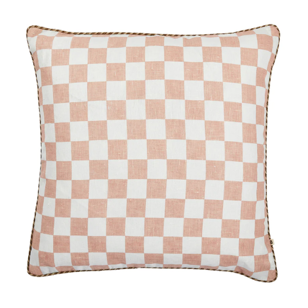 Image of 60 x 60 cm cushion with pink and white small checkers on linen with natural raffia trim.