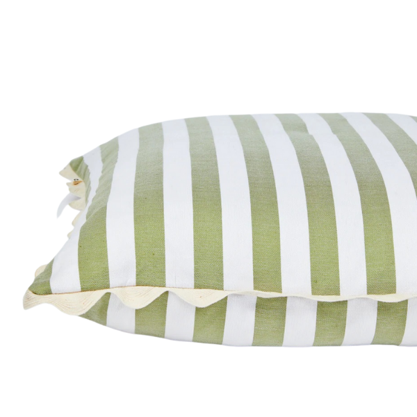 Image of Woven Stripe Khaki cushion 60cm x 60cm with cream scalloped trim.