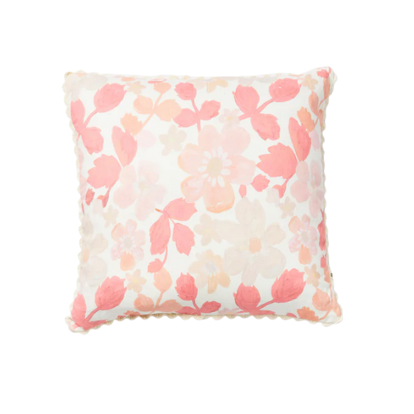 Image of 60 x 60 cm cushion with pink and cream flowers on white linen.
