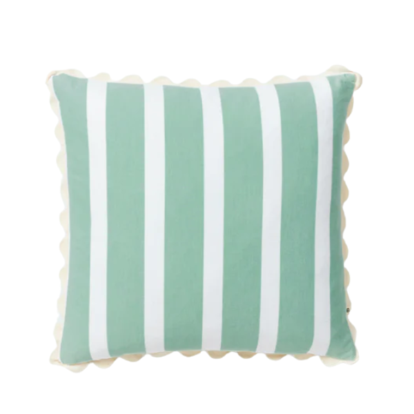 Image of 60 x 60 cm cushion with Pistachio stripes on soft woven cotton finished with a cream scalloped trim.