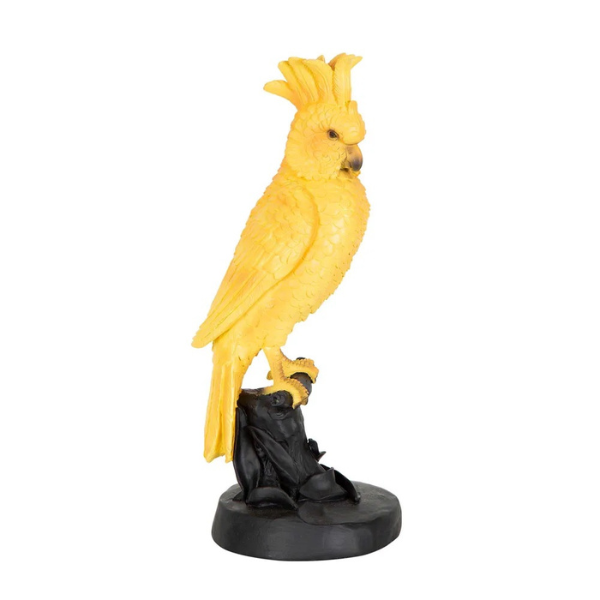 Image of yellow poly-resin parrot figurine on black stand.