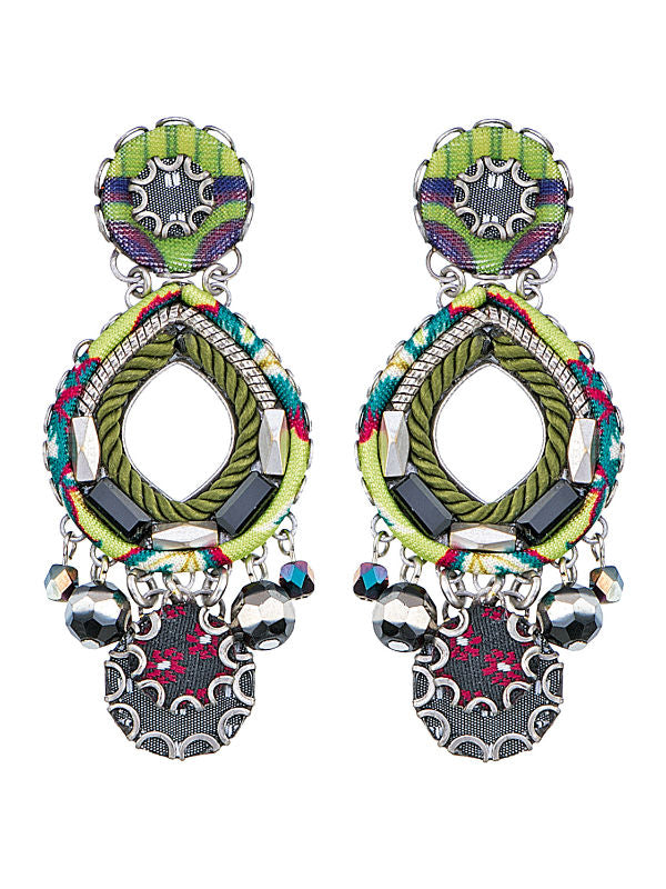 Image of Ayala Bar designer stud earrings featuring maroon and lime textiles, silver plated metal