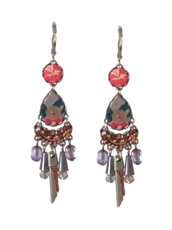 Image of leverback dangle earrings created from purple and pink textiles and trimmed with mauve beads.
