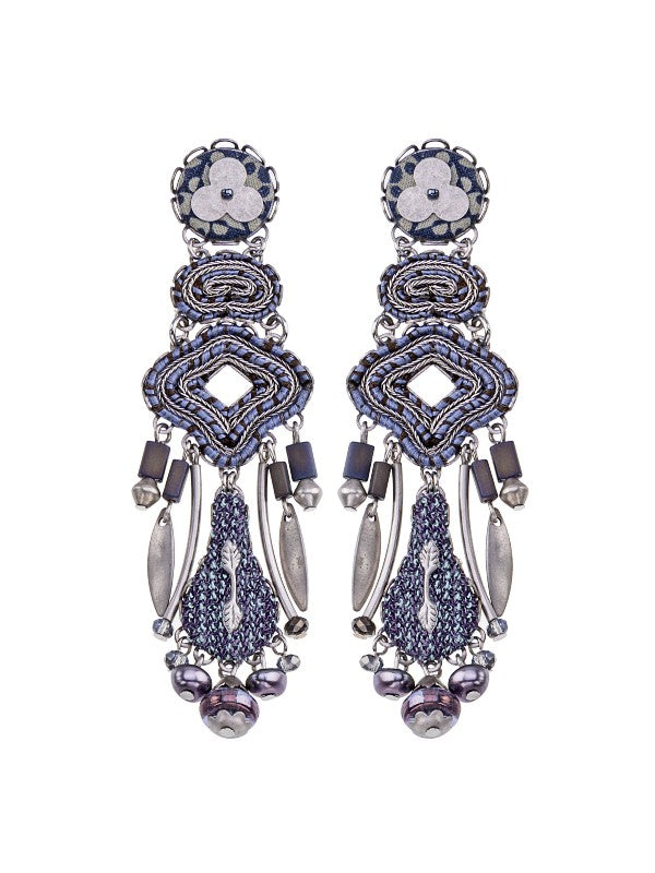 Image of stud dangle earrings 100% handcrafted and contains silver plated brass and metal alloys, glass beads, ceramic stones, crystal rhinestones and fabrics.