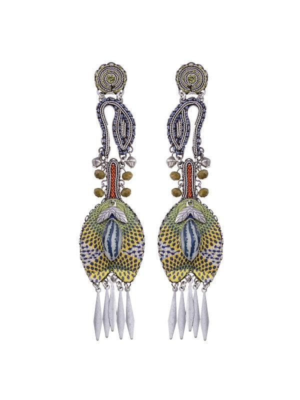 Image of divine earrings contrasting yellow, blue and green printed fabrics paired with silver metal flora shapes and toned with rich rust and smokey grey cord. As always, statement settings that will be treasured.