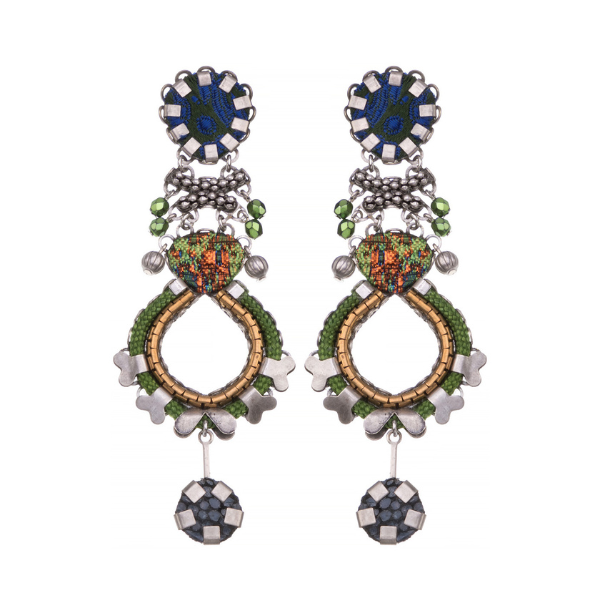 Image of dangle earrings made skillfully by hand using coloured textiles, glass and metals.