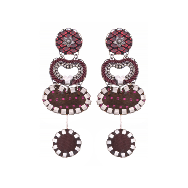 Image of multi dangle earrings made skillfully by hand using coloured textiles, glass and metals.