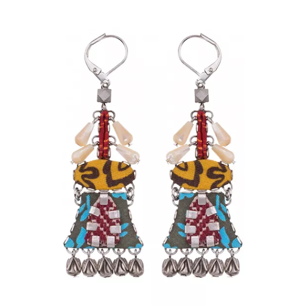 Image of statement dangle earrings handmade from patterned aqua textiles, using bright multi colours on french hook.