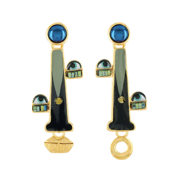 Image of long hand painted earrings with eyes and mouth features and blue stone bead at top.