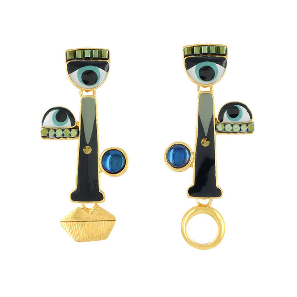 Image of long hand painted earrings with eyes and mouth features and blue eye at top.
