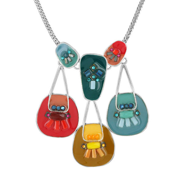 Image of multi dangle necklace with colourful stones on silver metal finish.