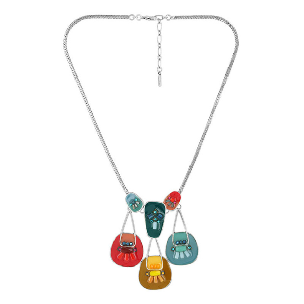Image of multi dangle necklace with colourful stones on silver metal finish.