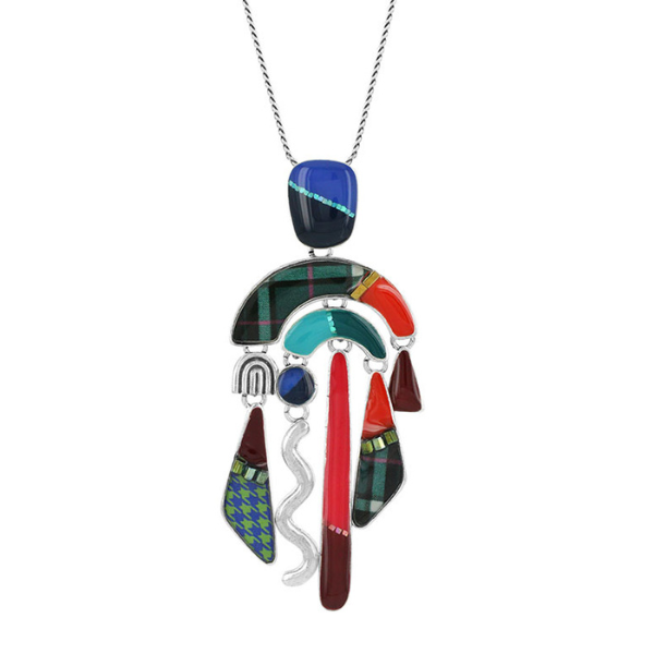 Image of striking multi coloured long necklace with many dangle shapes on silver metal chain.