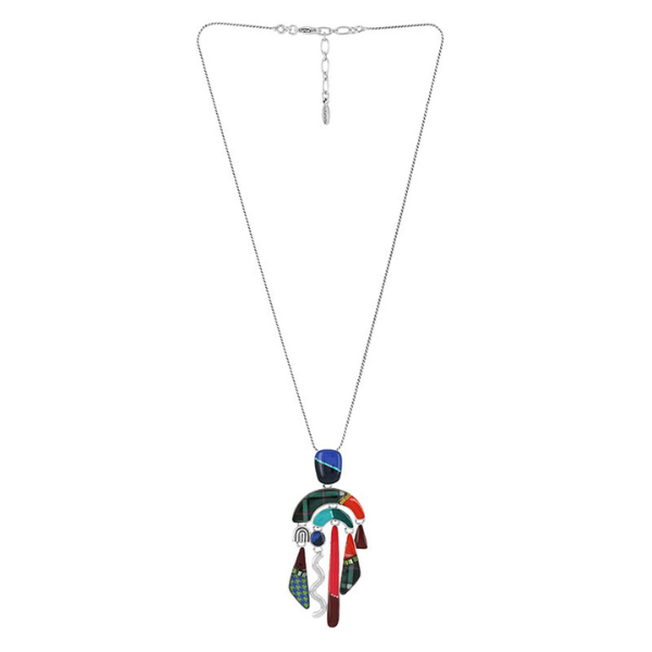 Image of striking multi coloured long necklace with many dangle shapes on silver metal chain.