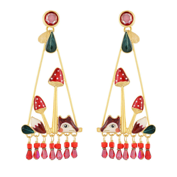 Image of large Triangular earrings with cute fox and red beads dangles.