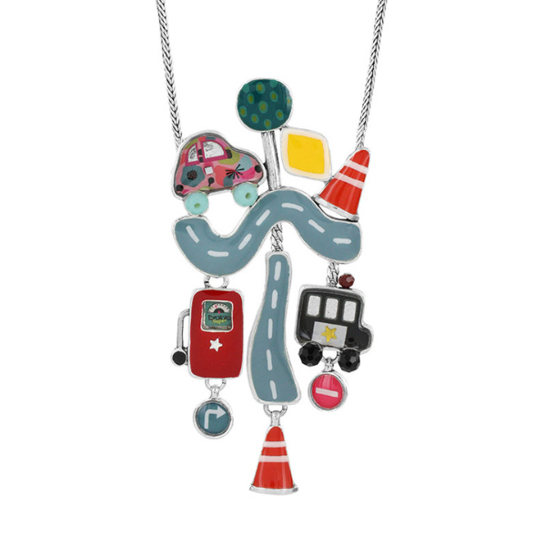 Image of offbeat necklace of roads and emergency vehicles hand painted patterns and stones.