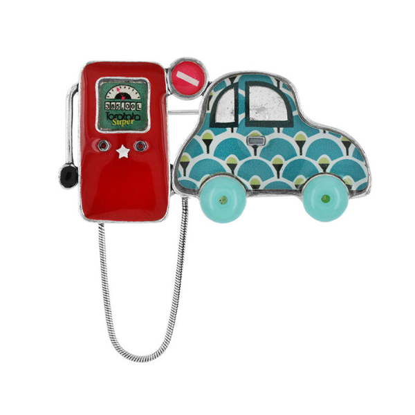 Image of brooch with blue car being refueled by red petrol pump.