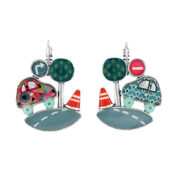 Image of earrings with car on a road with tree and cone hand painted as features.