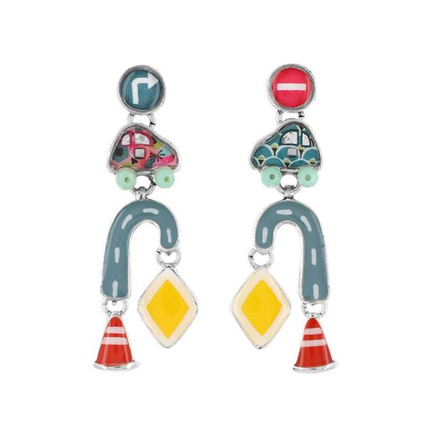 Image of bright hand painted car earrings with roads and hazard signs as dangles on silver finish.
