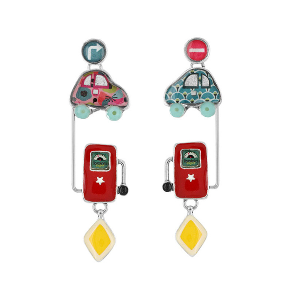 Image of earrings with car and red petrol pump as dangles all hand painted on silver stud finish.