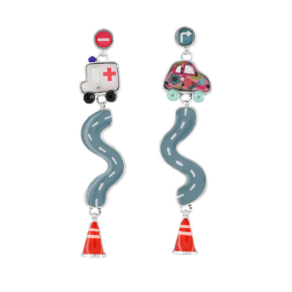 Image of long dangle earrings with hand painted road, car and ambulance as features.