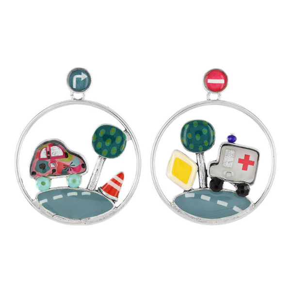 Image of colourful hand painted earrings with ambulance and car on road as features inside hoop.