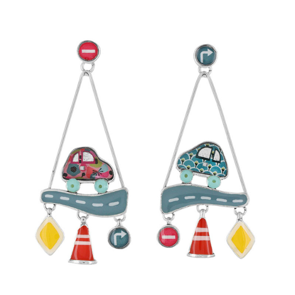 Image of hand painted car on road earrings inside triangle dangle with hazard sign features.