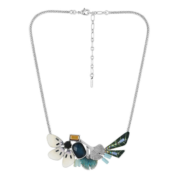 Image of elegant necklace encrusted with hand painted patterns and stones.