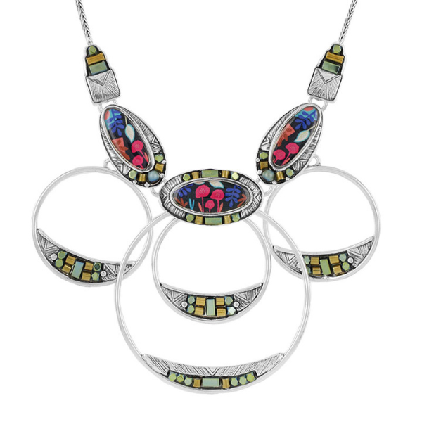 Image of classy necklace encrusted with hand painted patterns and stones on silver finish.