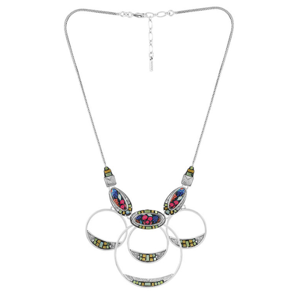 Image of classy necklace encrusted with hand painted patterns and stones on silver finish.