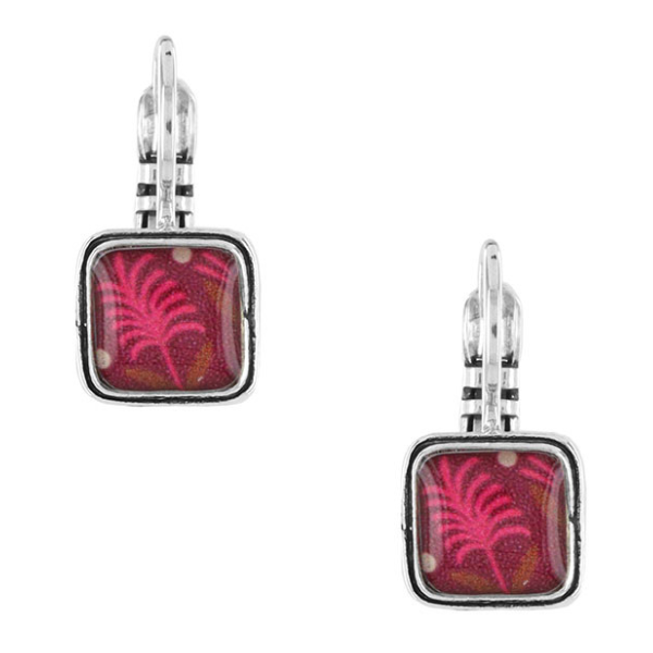 Image of dainty square earrings with hand painted patterns in red on silver finish.