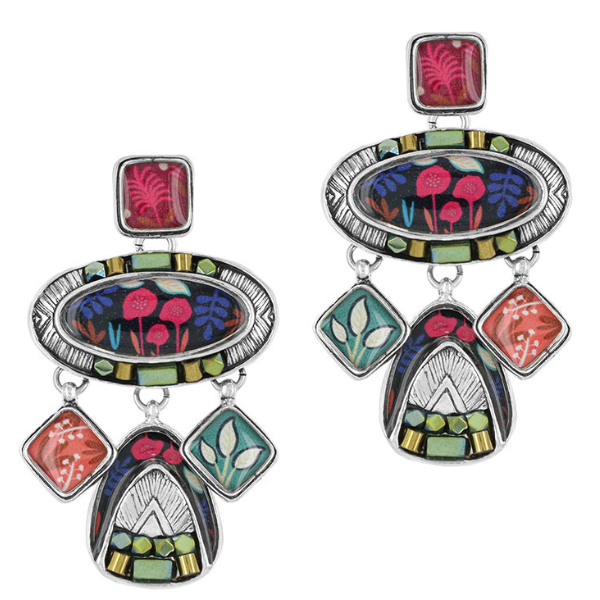 Image of dangle earrings encrusted with hand painted patterns and stones in multicolours.