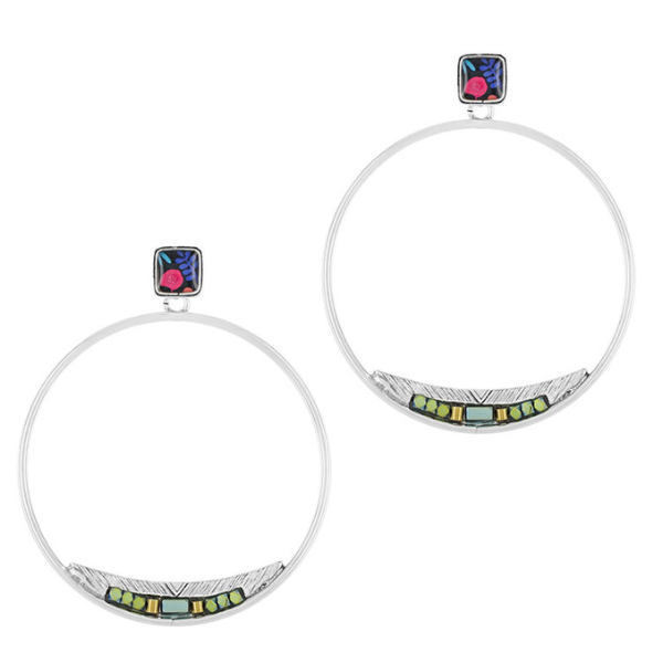 Image of hoop dangle earrings encrusted with hand painted patterns and stones in multicolours.