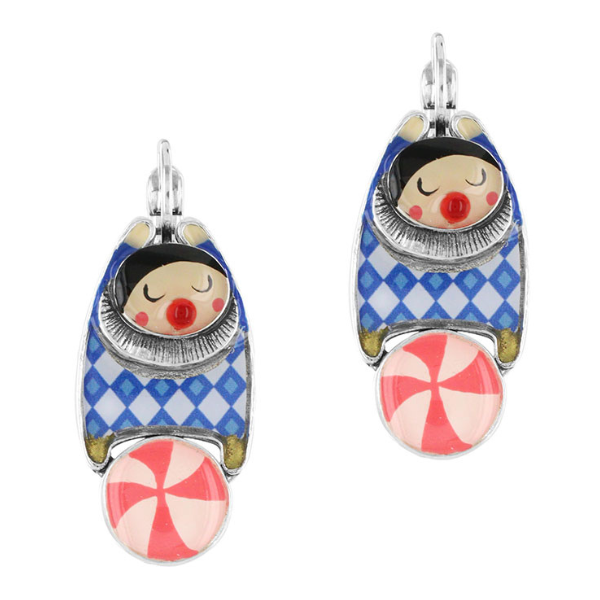 Image of colourful circus trapeze character on silver finish earrings.
