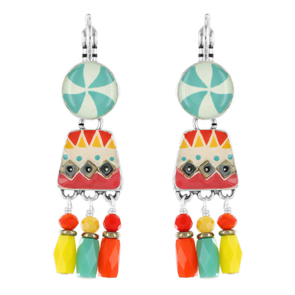 Image of earrings on french hook with hand painted patterns and stones dangle.