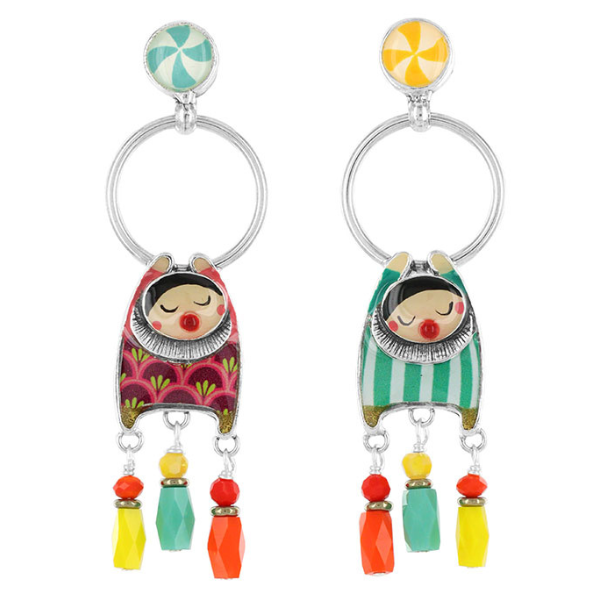 Image hand painted trapeze act characters on round dangle earrings.