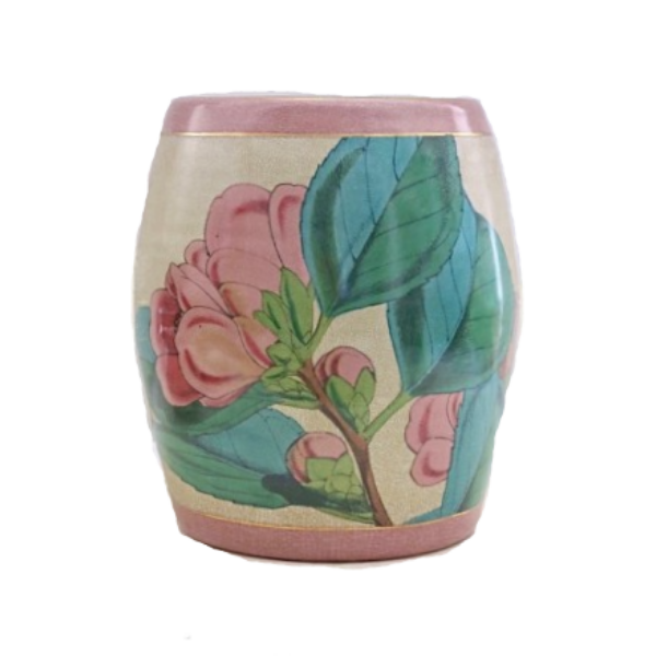 A Creatively Active Minds creation to treasure for a lifetime.  An adaptable home decor piece that is perfect for use as a stool or a lamp/side table. Artwork features a pale pink carmelia flower with glossy green leaves.