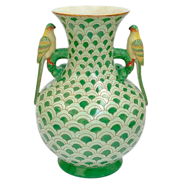 Image of CAM vase is a masterpiece with its ornate bird decorative handles. Varying shades of green in the scallop pattern.