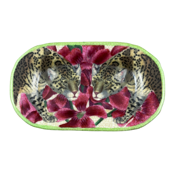 Image of CAM savon dish, another outstanding creation of a porcelain soap dish design featuring 2 Jaguars on pink flower background of crackle glaze finish.