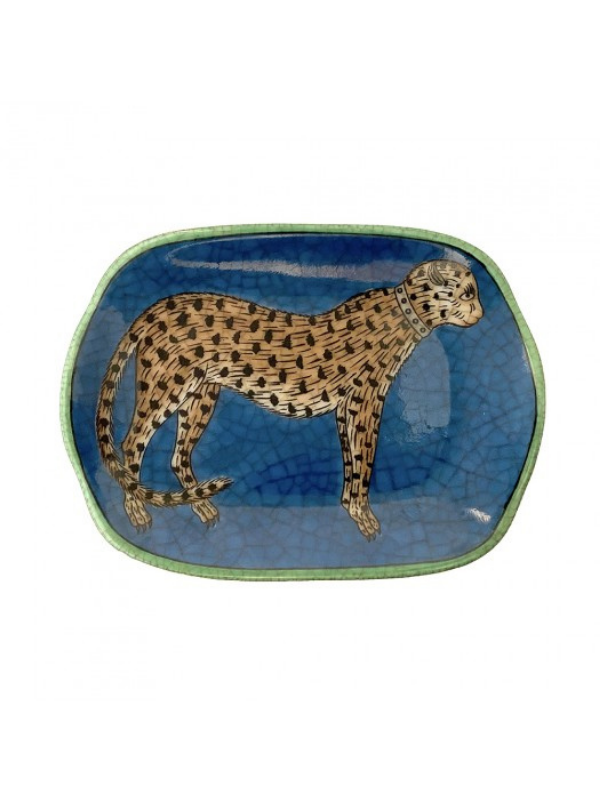 CAM has created another outstanding porcelain soap dish design featuring a spotted leopard over a midnight blue crackle glaze.