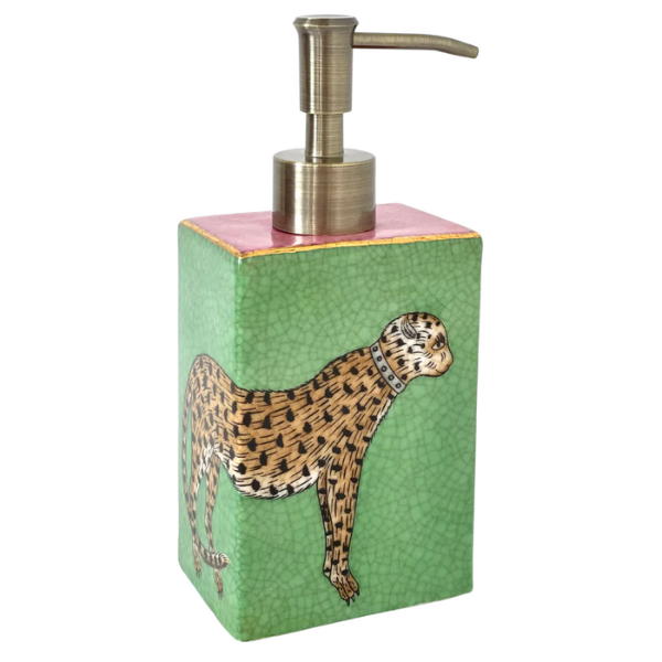 Image of green rectangular pump soap dispenser with Leopard picture on crackle glazed finish.