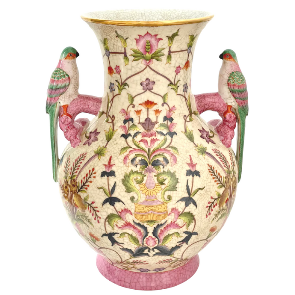 Image of CAM vase is a masterpiece with its ornate bird decorative handles. Varying shades of pink, green, yellow in the scallop pattern and cream crackled finish.