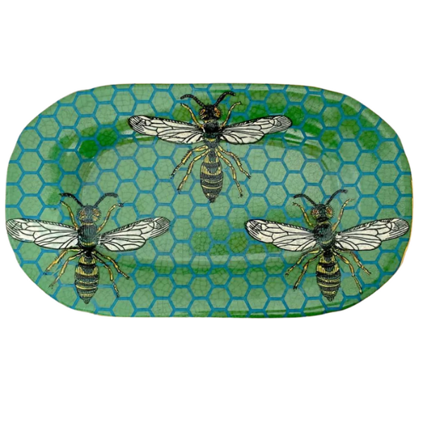 Image of CAM savon dish, another outstanding creation of a porcelain soap dish design featuring bees on green crackle glaze finish.