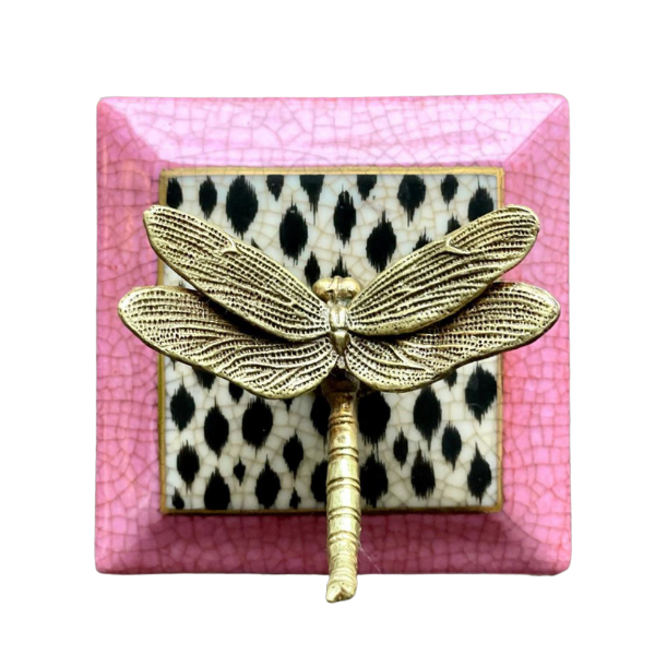 Image of square lidded Trinket Box with Leopard print finish and brass dragon fly handle.