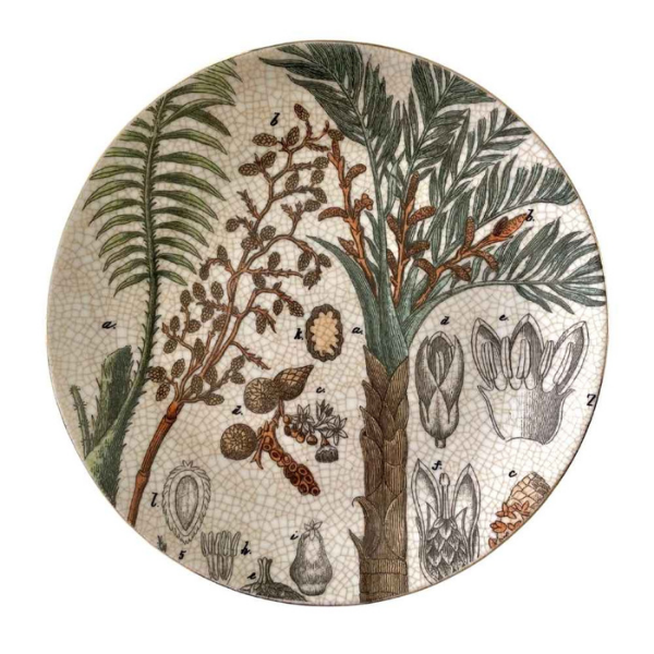 Image of wall plate with palm tree and botanical design.