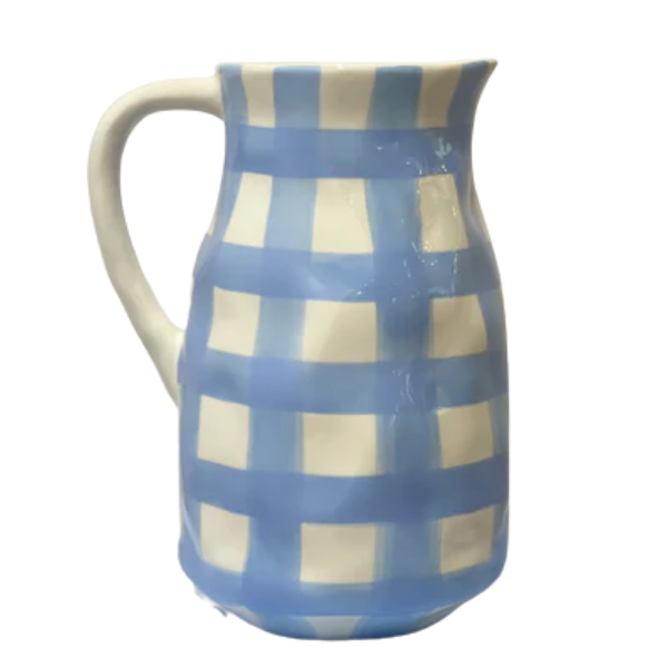 Image of cornflower blue checkered ceramic jug.
