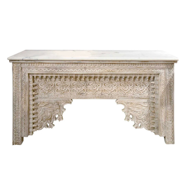 Image of whitened timber, carved console with white marble top.