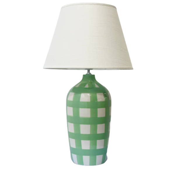 Image of green checkered ceramic lamp base with white lamp shade.