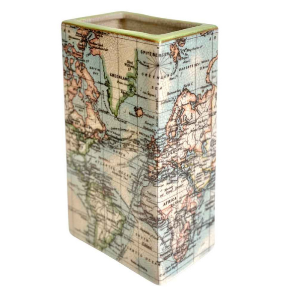 Image of vase with world map pattern and glazed finish.